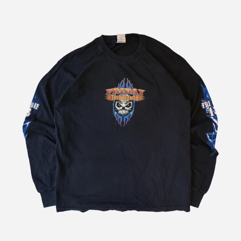 2009 Friday The 13th black long sleeve with blue flame graphic and skull